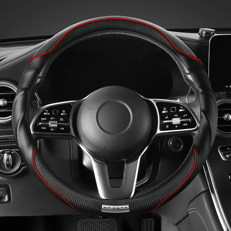 Premium 3D Sport Car Steering Wheel Cover, Anti-Slip, Shock-Absorbing, Ergonomic Grip, Dynamic Contour, Fits 14.5–15" - Delicate Leather  