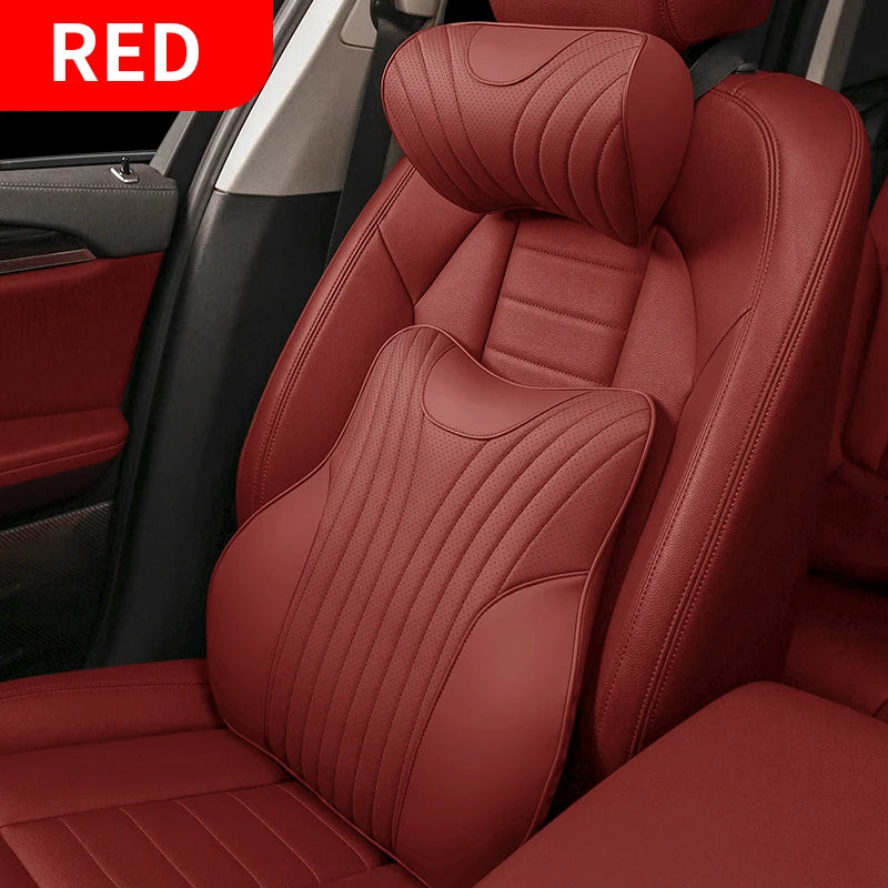 Universal Genuine Leather Neck Pillow & Lumbar Support – Anti-Slip Car Headrest Cushion for All-Season Comfort - Delicate Leather  
