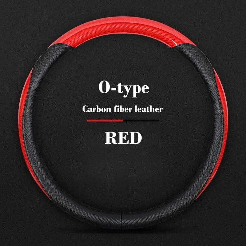 Universal Leather Steering Wheel Cover with Carbon Fiber Style – Non-Slip O/D Type, 14.5–15 Inch - Delicate Leather  