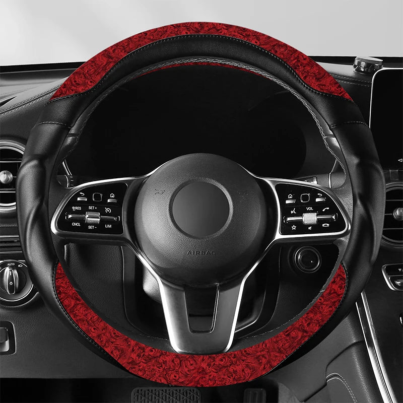 Wood Grain Leather Steering Wheel Cover – Anti-Slip, Universal Fit 14.5–15 Inch, Comfortable All-Season Grip - Delicate Leather  