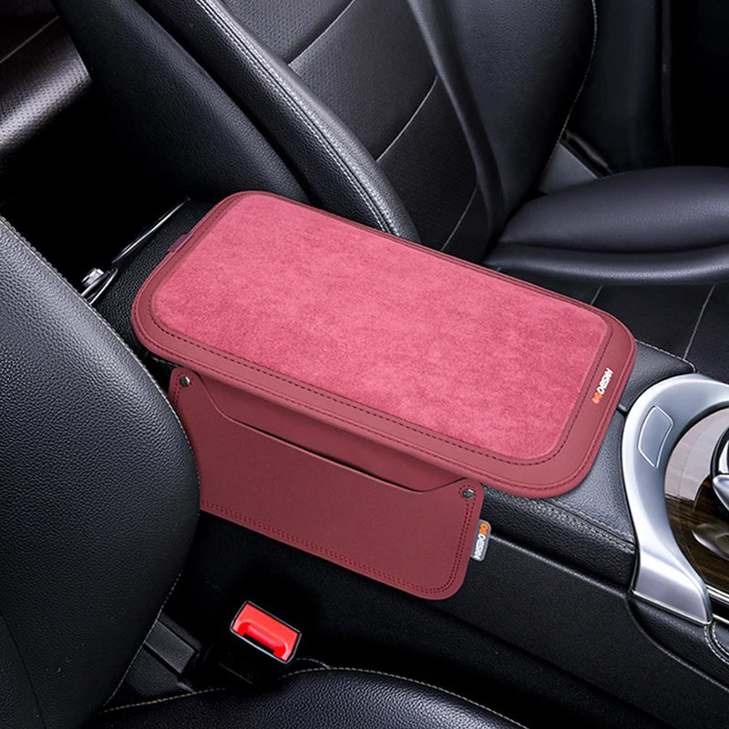Leather Suede Car Armrest Cushion Cover – Soft Center Console Armrest Pad with Storage Pocket - Delicate Leather  