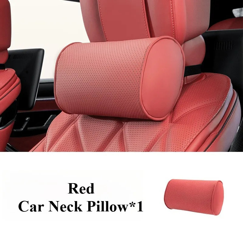 Memory Cotton Car Headrest & Lumbar Pillow Set – Leather Neck and Waist Support for Comfortable Driving - Delicate Leather  