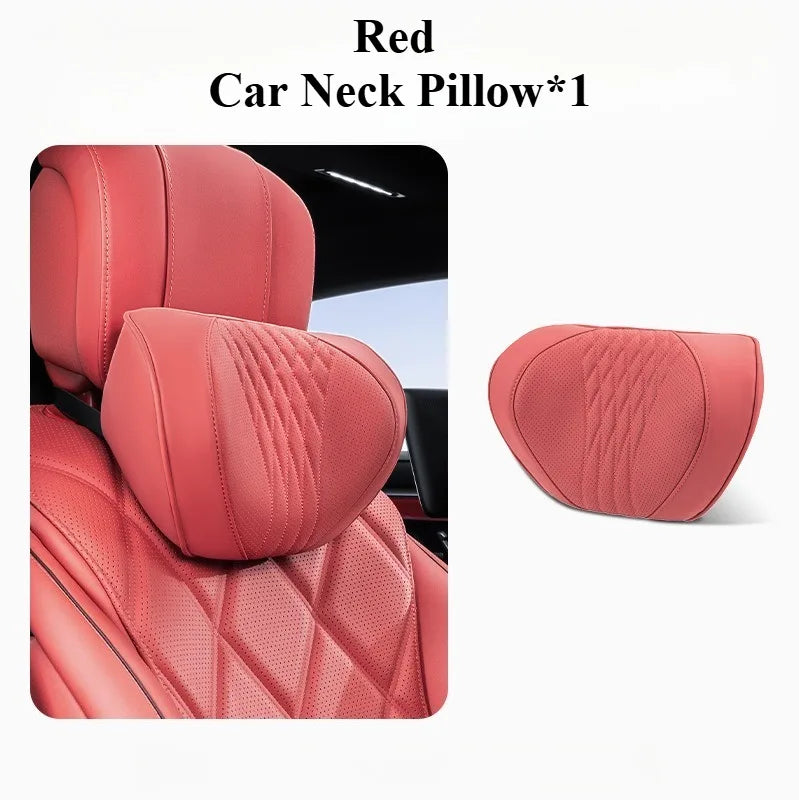 Soft Memory Foam Car Neck & Lumbar Pillow Set – Leather Headrest for Comfortable Driving - Delicate Leather  