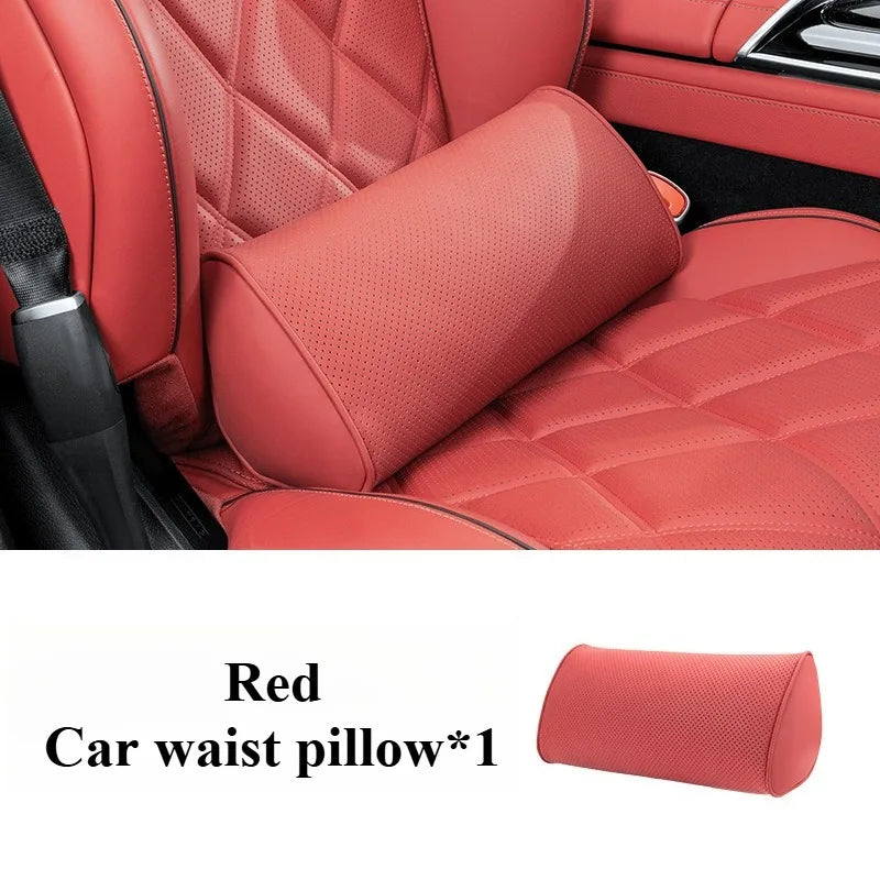 Memory Cotton Car Headrest & Lumbar Pillow Set – Leather Neck and Waist Support for Comfortable Driving - Delicate Leather  