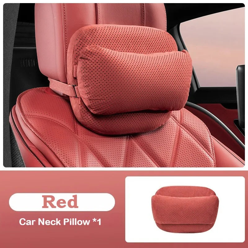 Suede Car Headrest Pillow & Lumbar Cushion – Luxury Nappa Leather Neck & Waist Pillow, Memory Foam Seat Accessories, Universal All Seasons - Delicate Leather  