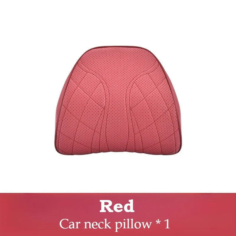 Memory Foam Car Neck & Lumbar Pillow Set – Nappa Leather Headrest and Waist Support - Delicate Leather  