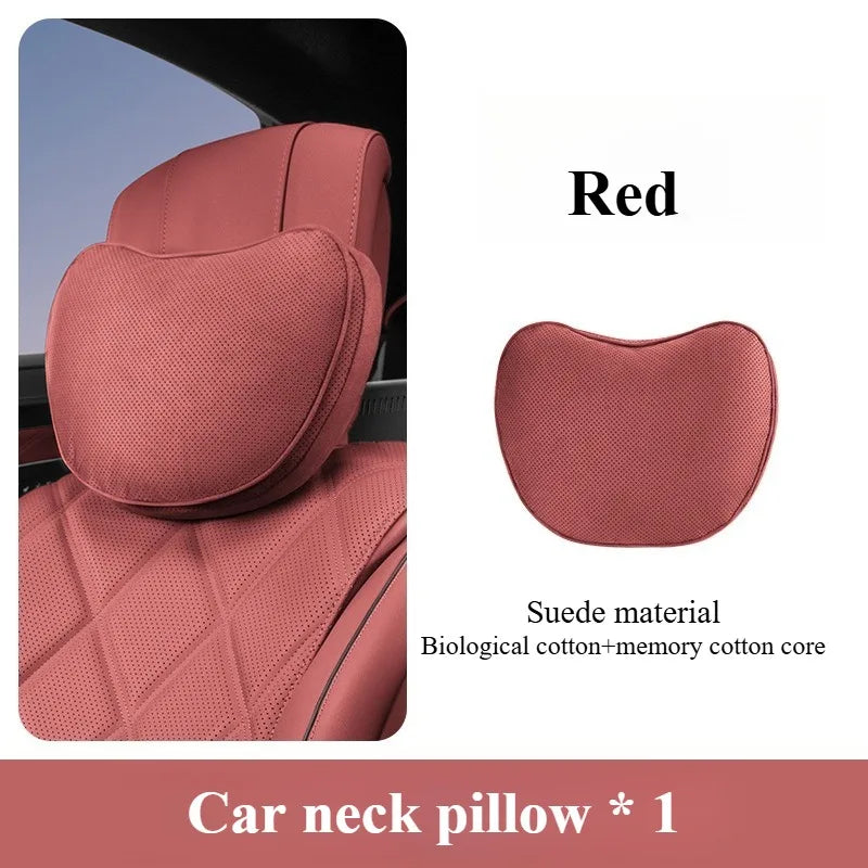 Suede Car Neck and Lumbar Support Set – Universal Ergonomic Headrest & Waist Pillow for Auto Seats - Delicate Leather  