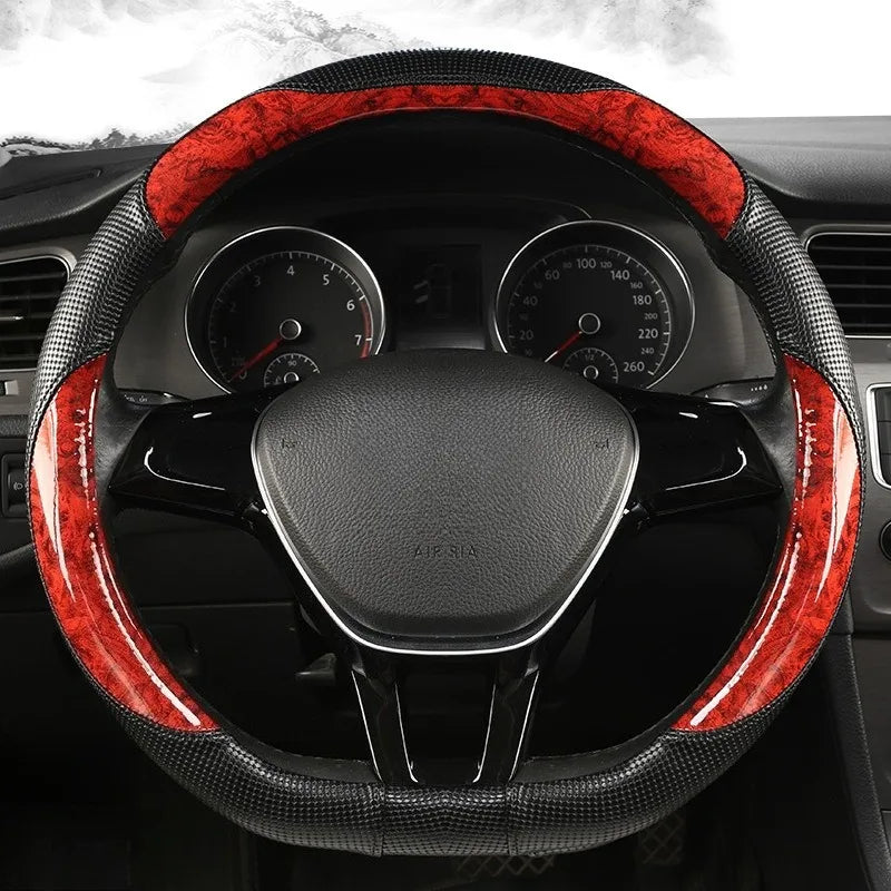 Wood Grain Leather Steering Wheel Cover – Universal 37–38CM Non-Slip O/D Shape Grip - Delicate Leather