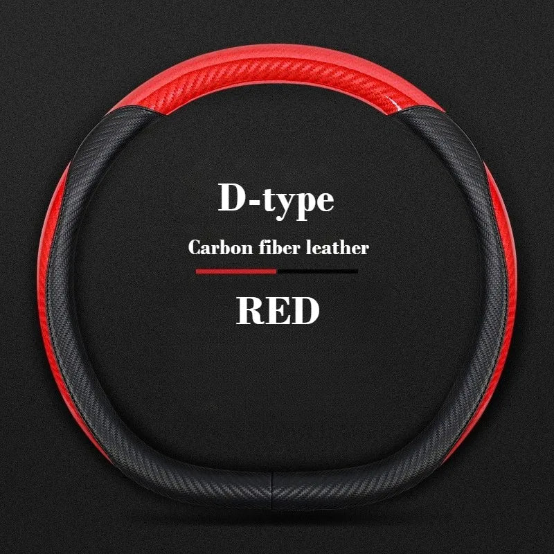 Universal Leather Steering Wheel Cover with Carbon Fiber Style – Non-Slip O/D Type, 14.5–15 Inch - Delicate Leather  