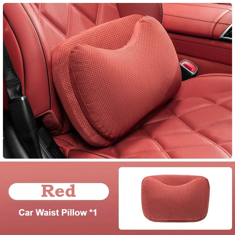 Suede Car Headrest Pillow & Lumbar Cushion – Luxury Nappa Leather Neck & Waist Pillow, Memory Foam Seat Accessories, Universal All Seasons - Delicate Leather  
