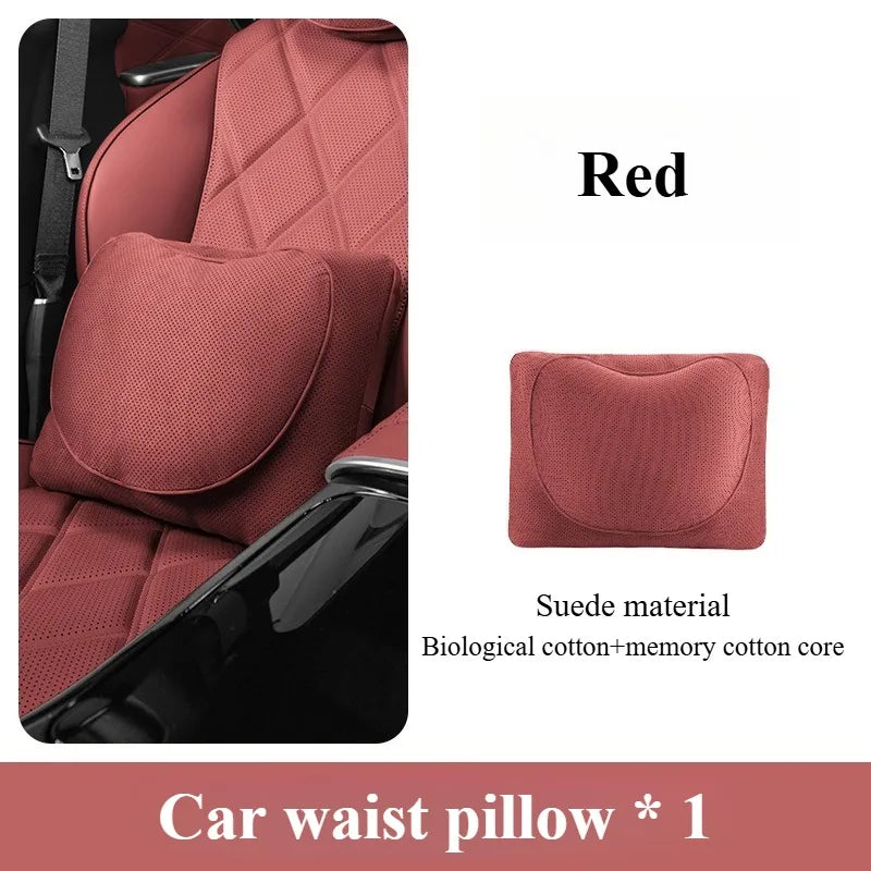 Suede Car Neck and Lumbar Support Set – Universal Ergonomic Headrest & Waist Pillow for Auto Seats - Delicate Leather  