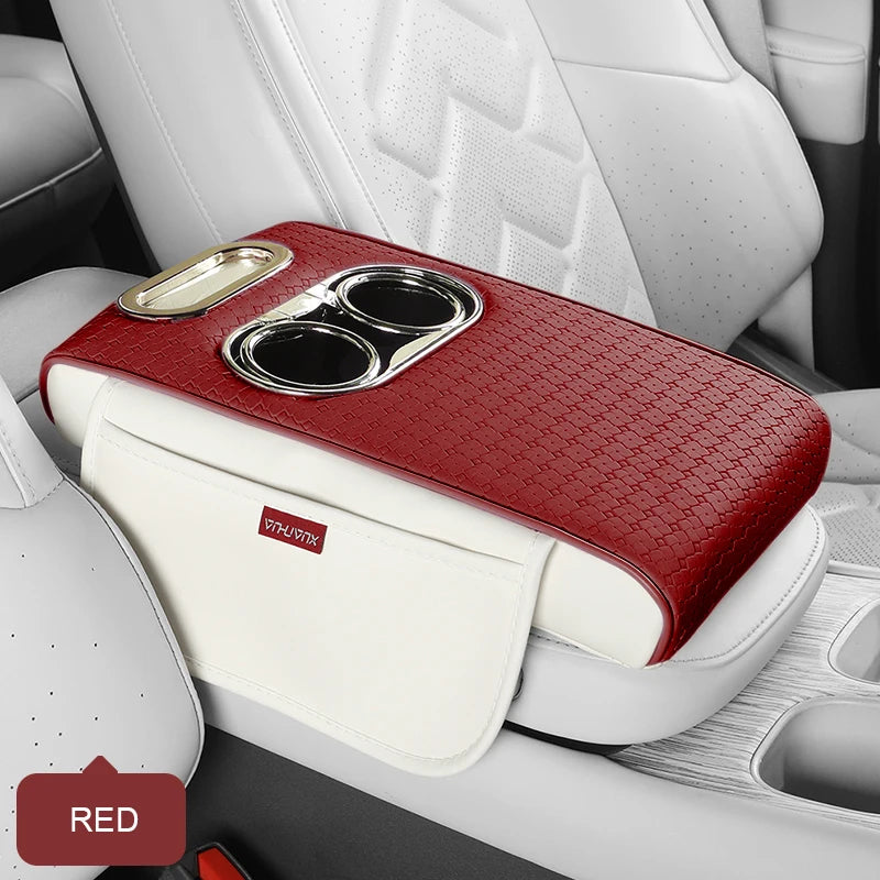 Weaving Leather Car Armrest Organizer – Center Console Cover with Cup Holders - Delicate Leather  