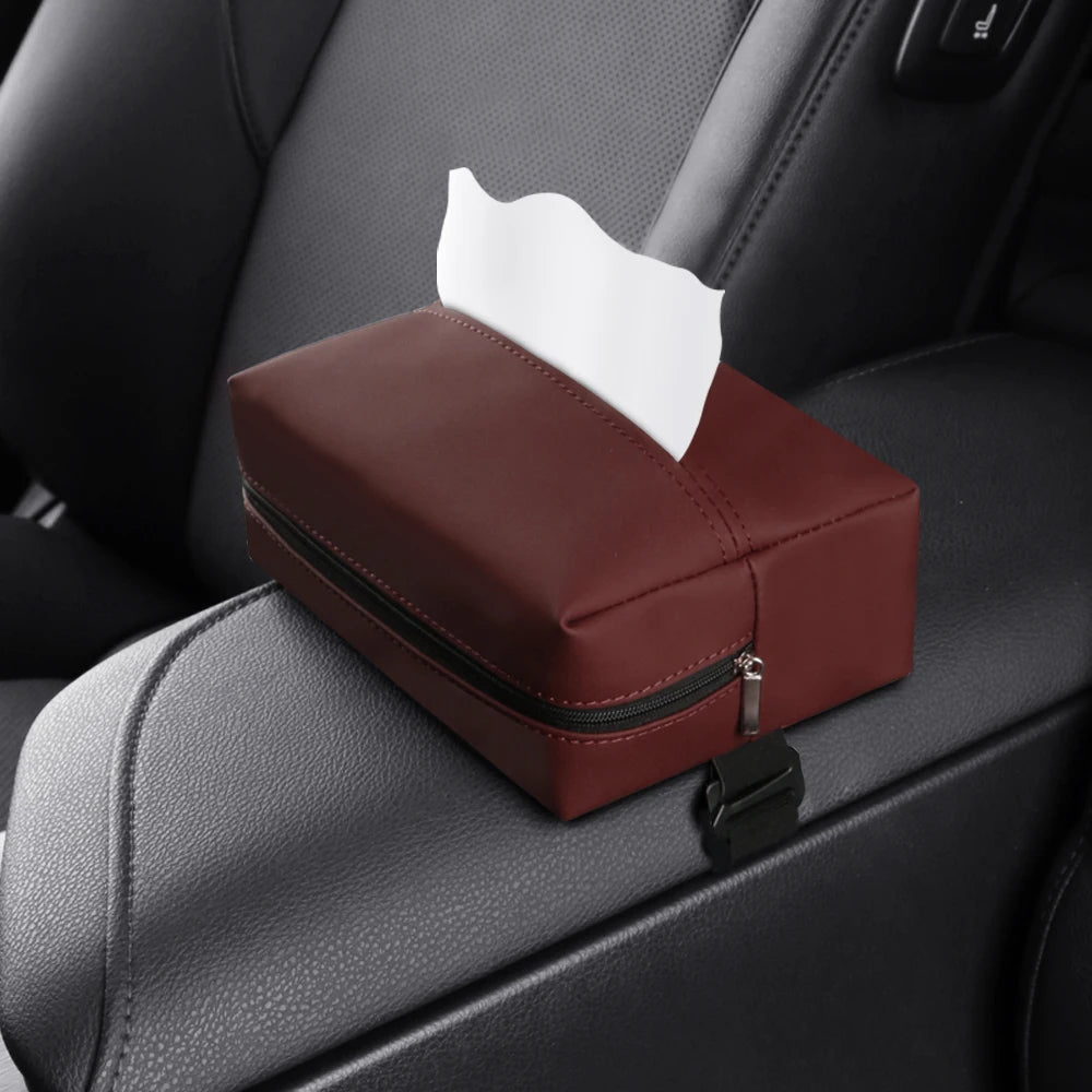 Car Tissue Holder – PU Leather Sun Visor Tissue Box for Center Armrest and Seat Back, Universal Fit - Delicate Leather  
