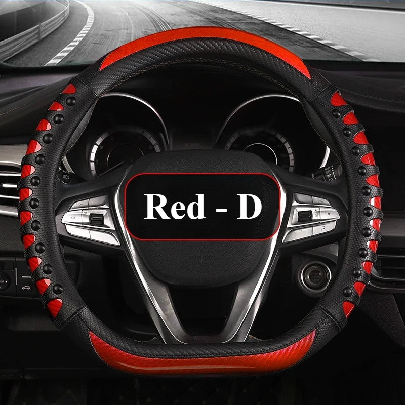 Carbon Fiber Leather Steering Wheel Cover – Universal Non-Slip Grip, Breathable Interior Car Accessory for 14.5–15 Inch Wheels - Delicate Leather  