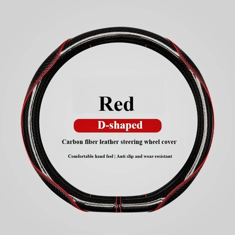 Sports Carbon Fiber Steering Wheel Cover Universal Fit – Anti-Slip Handle Cover for O / D / Double-D Steering Wheels (37–38cm) - Delicate Leather  