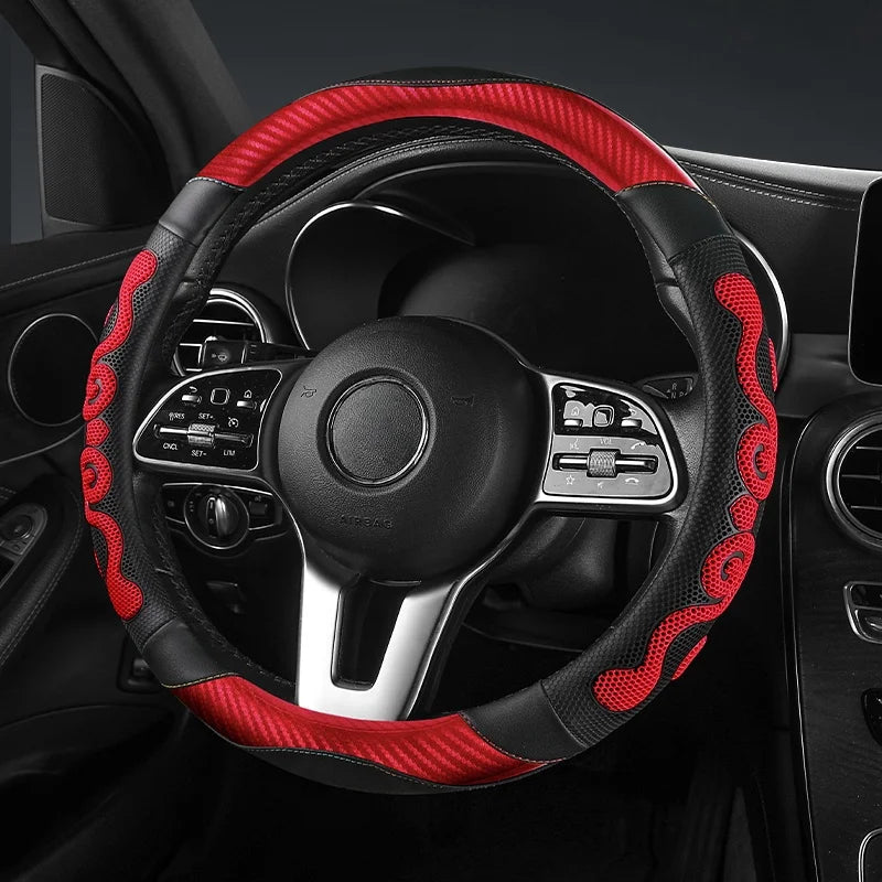 Universal Car Steering Wheel Cover – Carbon Fiber Leather with Breathable Honeycomb Silicone | Soft, Anti-Slip, All-Season Comfort Grip - Delicate Leather  