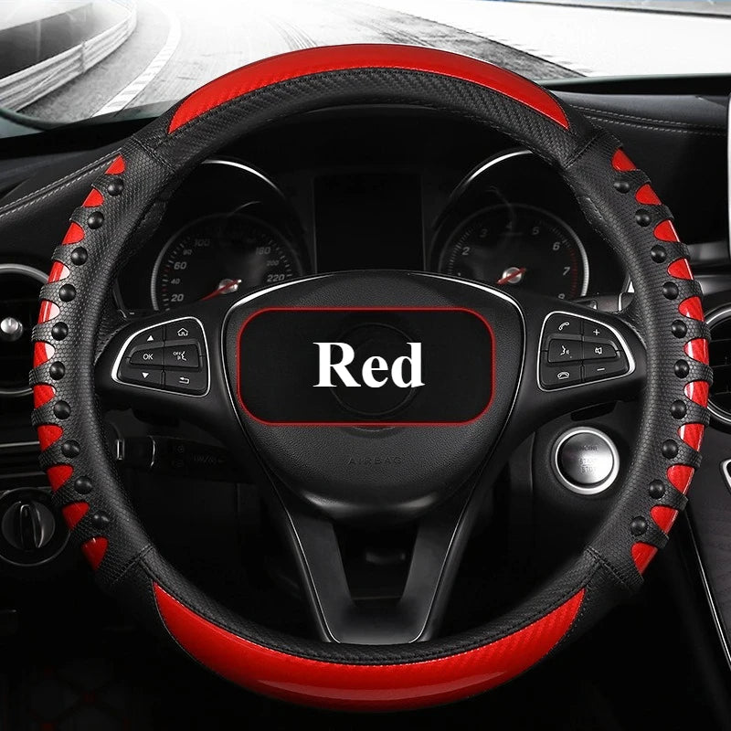 Carbon Fiber Leather Steering Wheel Cover – Universal Non-Slip Grip, Breathable Interior Car Accessory for 14.5–15 Inch Wheels - Delicate Leather  