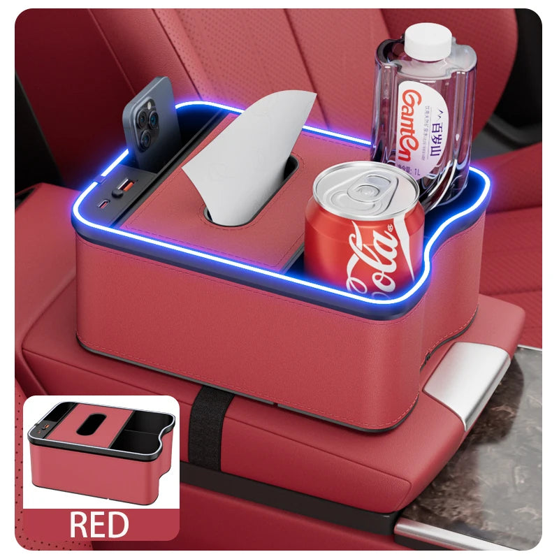 Car Armrest Storage Box with LED Ambient Light & Type-C USB Charger – Universal Center Console Organizer - Delicate Leather  