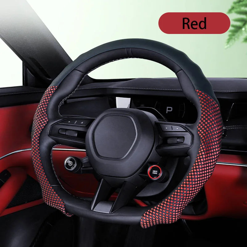 5D Sports Mesh Steering Wheel Cover – Ultra-Thin Breathable Non-Slip Grip, Universal Fit Interior Accessory - Delicate Leather  