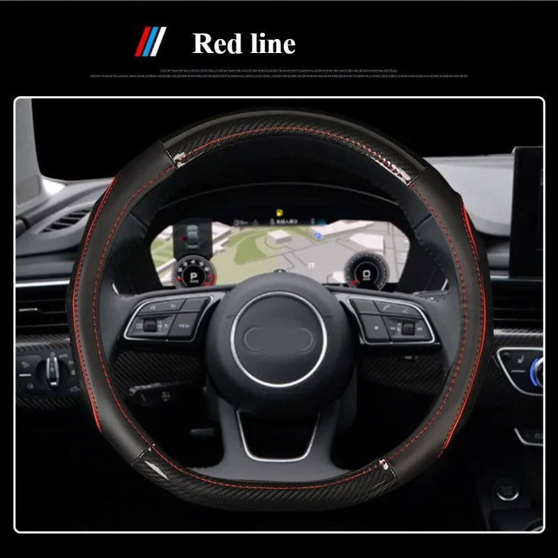 Carbon Fiber & Nappa Leather Steering Wheel Cover – Universal 37–38cm, Non-Slip Silicone Grip, 3D Textured Design, Breathable & Durable - Delicate Leather  