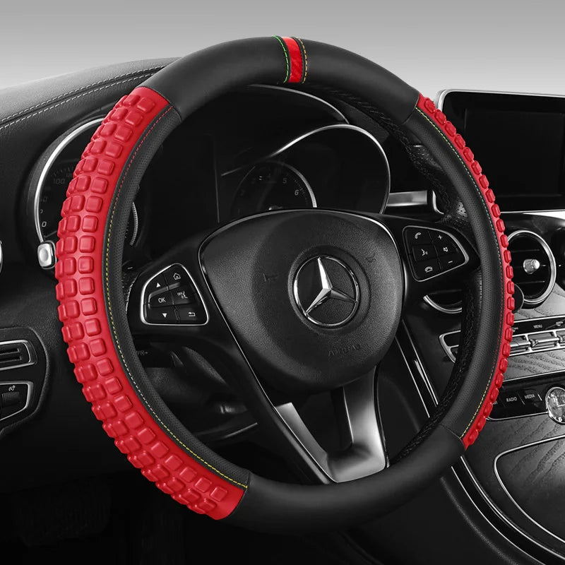 Sport Leather Steering Wheel Cover – Universal Car Handle Protector, Blue & Black - Delicate Leather  