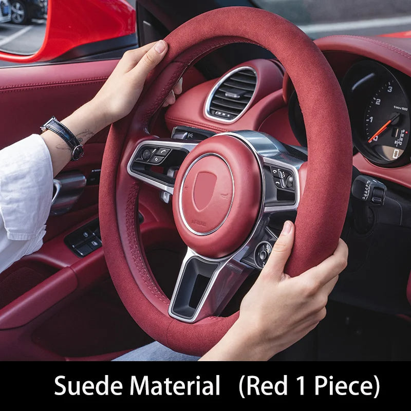 Car Steering Wheel Cover - Suede Steering Protector for Auto Interior Decoration - Universal Fit for 38cm Steering Wheel - Delicate Leather  