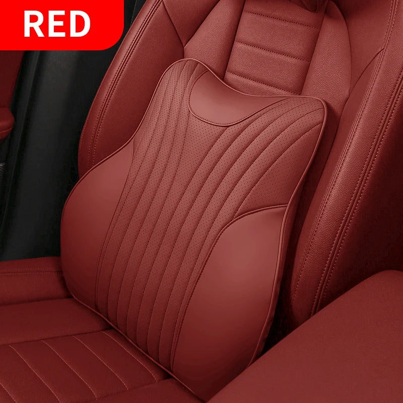 Universal Genuine Leather Neck Pillow & Lumbar Support – Anti-Slip Car Headrest Cushion for All-Season Comfort - Delicate Leather  