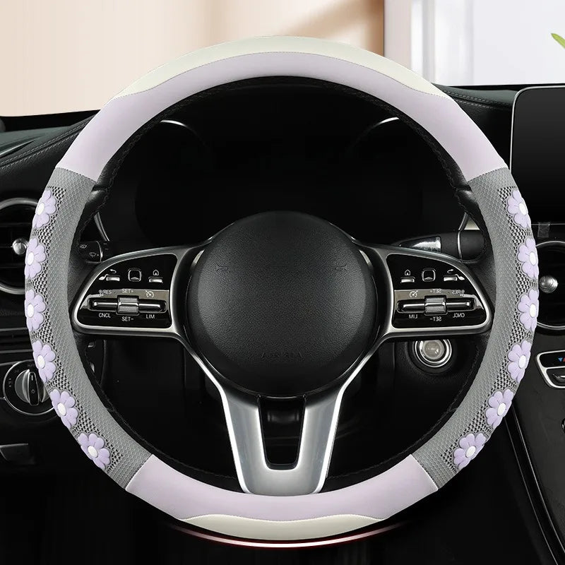 Cute Flower Design Car Steering Wheel Cover for Women - Universal Non-Slip Handle Cover - Nappa Leather & Silicone Car Accessories - Delicate Leather  