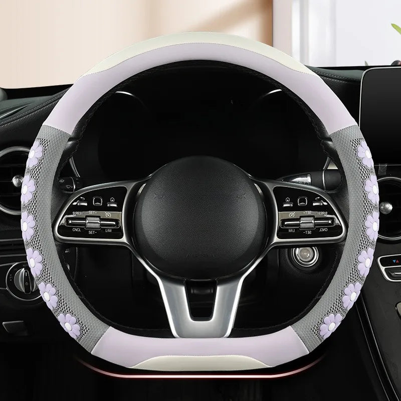Cute Flower Design Car Steering Wheel Cover for Women - Universal Non-Slip Handle Cover - Nappa Leather & Silicone Car Accessories - Delicate Leather  