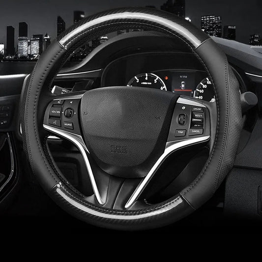 Leather Carbon Fiber Car Steering Wheel Cover – 38cm Non-Slip, Breathable, All-Season - Delicate Leather