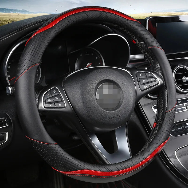 Four-Season Carbon Fiber Splicing Car Steering Wheel Cover – Universal Fit for 36–38/40 cm Wheels, Anti-Slip & Durable - Delicate Leather  