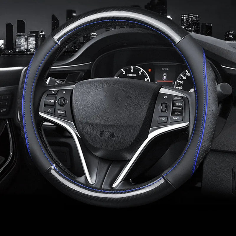 Leather Carbon Fiber Car Steering Wheel Cover – 38cm Non-Slip, Breathable, All-Season - Delicate Leather  