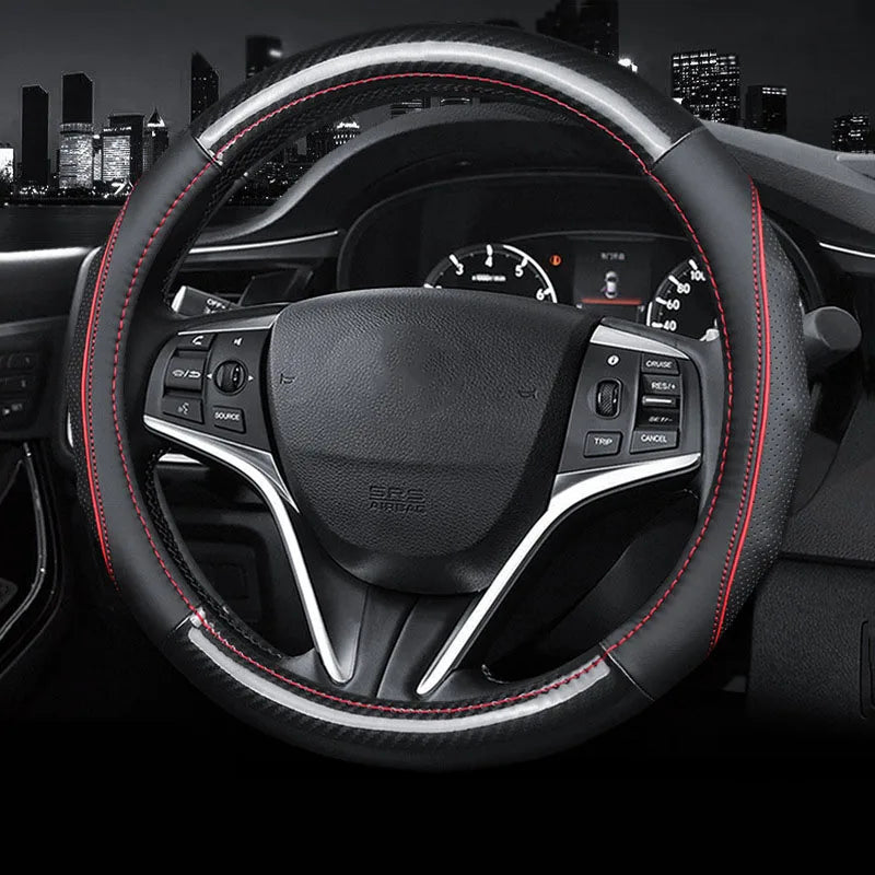 Leather Carbon Fiber Car Steering Wheel Cover – 38cm Non-Slip, Breathable, All-Season - Delicate Leather  