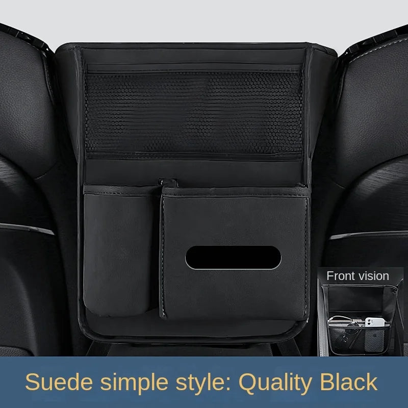 Leather Car Seat Middle Hanger Storage Bag – Luxury Between-Seat Handbag Holder with Tissue & Cup Pockets - Delicate Leather  
