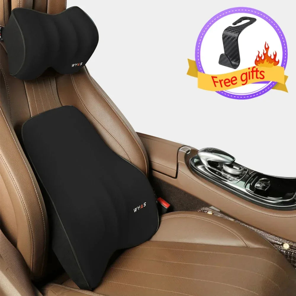 Universal Memory Foam Car Lumbar Support & Neck Pillow – Washable Driver Seat Back Cushion - Delicate Leather  