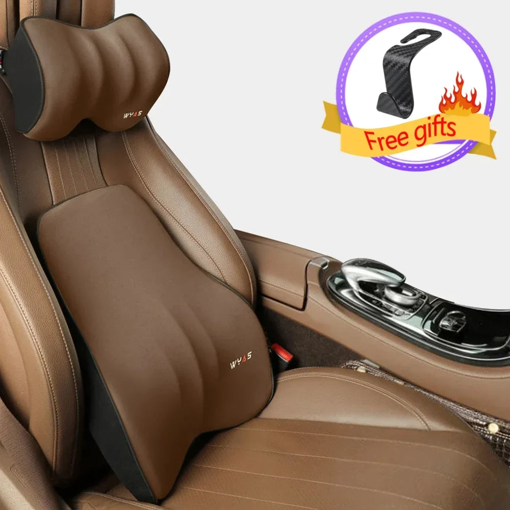 Universal Memory Foam Car Lumbar Support & Neck Pillow – Washable Driver Seat Back Cushion - Delicate Leather  