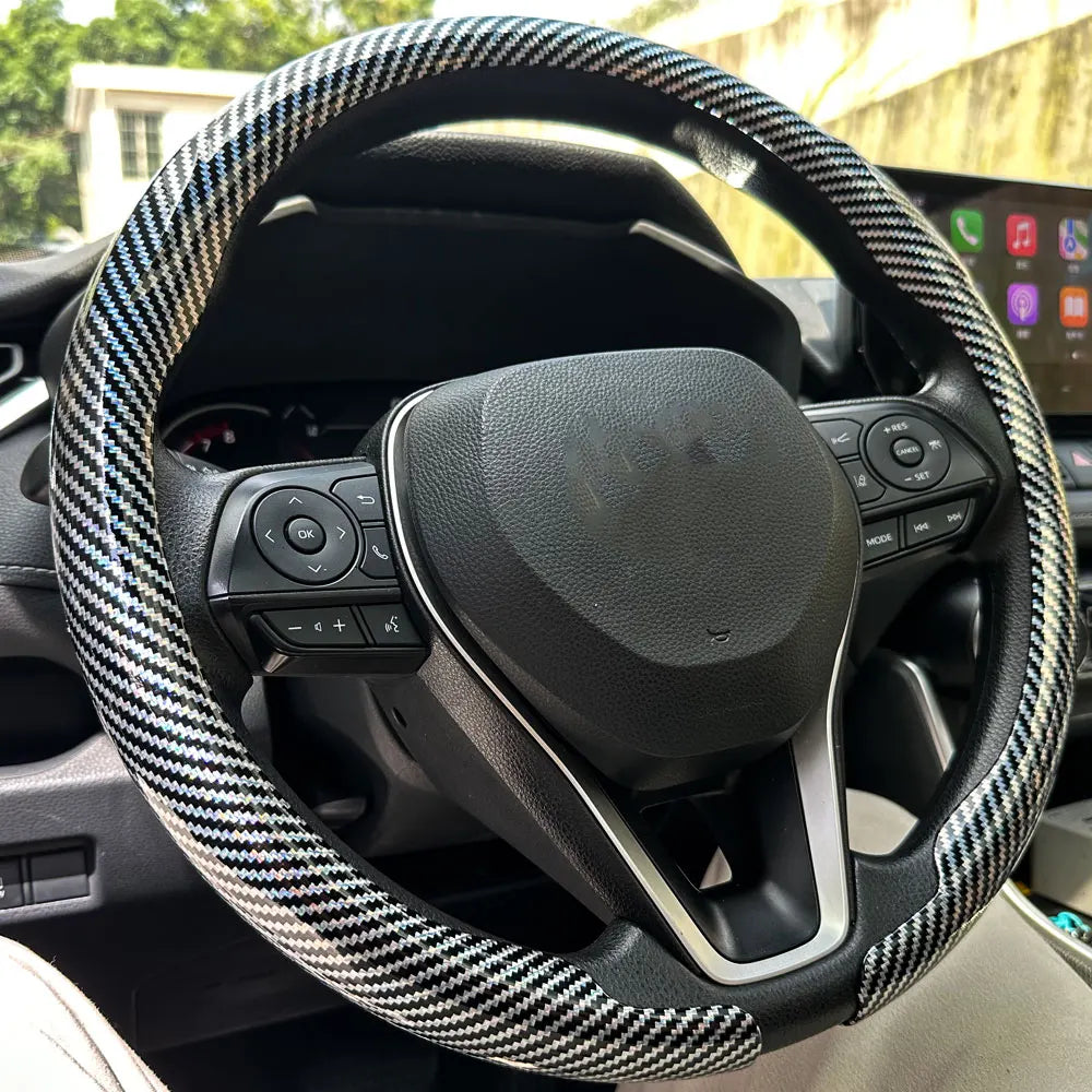 Carbon Fiber Style Steering Wheel Cover – Breathable Non-Slip Round Universal Fit - Delicate Leather  