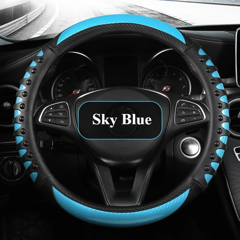 Carbon Fiber Leather Steering Wheel Cover – Universal Non-Slip Grip, Breathable Interior Car Accessory for 14.5–15 Inch Wheels - Delicate Leather  