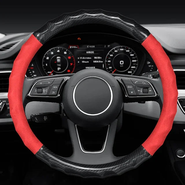 Dedicated-Fit Carbon Fiber Steering Wheel Cover – Non-Slip, Wear-Resistant, Universal 38cm Car Interior Accessory - Delicate Leather  