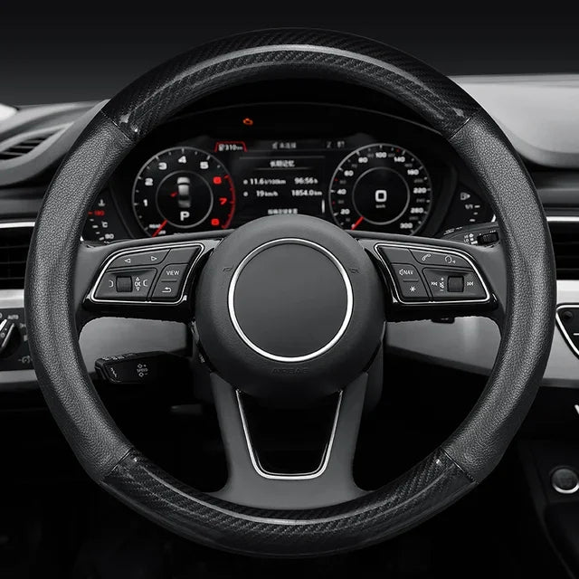 Dedicated-Fit Carbon Fiber Steering Wheel Cover – Non-Slip, Wear-Resistant, Universal 38cm Car Interior Accessory - Delicate Leather  