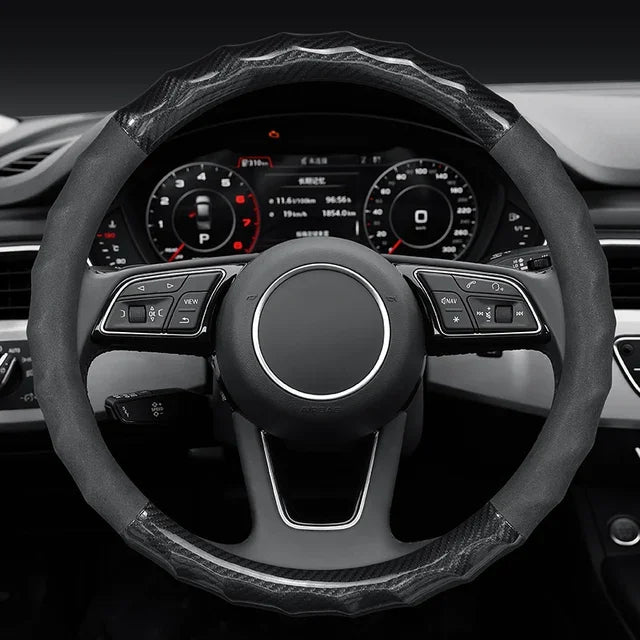 Dedicated-Fit Carbon Fiber Steering Wheel Cover – Non-Slip, Wear-Resistant, Universal 38cm Car Interior Accessory - Delicate Leather  