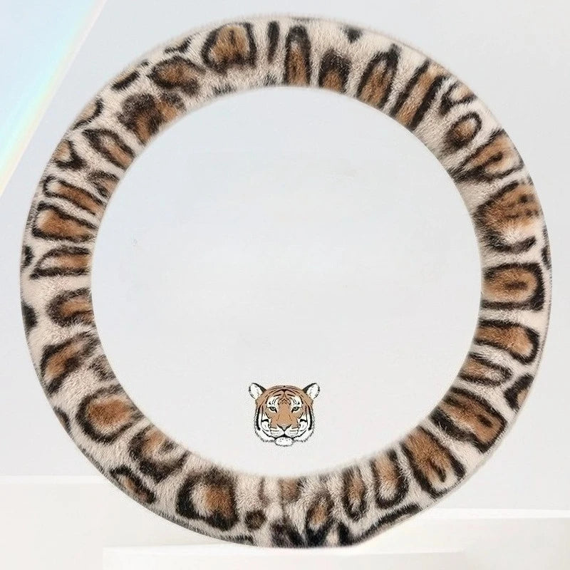 Universal Plush Leopard Print Steering Wheel Cover – Warm Winter Non-Slip Soft Handle Cover for Car Interior - Delicate Leather  