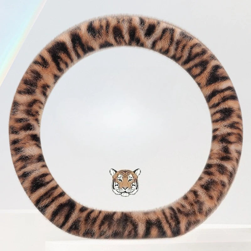 Universal Plush Leopard Print Steering Wheel Cover – Warm Winter Non-Slip Soft Handle Cover for Car Interior - Delicate Leather  
