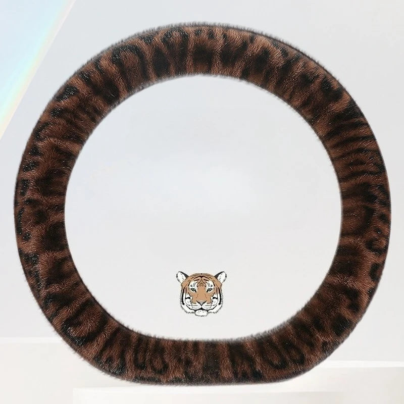 Universal Plush Leopard Print Steering Wheel Cover – Warm Winter Non-Slip Soft Handle Cover for Car Interior - Delicate Leather  