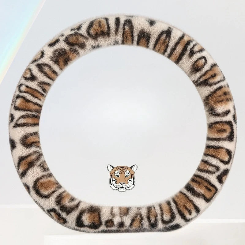 Universal Plush Leopard Print Steering Wheel Cover – Warm Winter Non-Slip Soft Handle Cover for Car Interior - Delicate Leather  