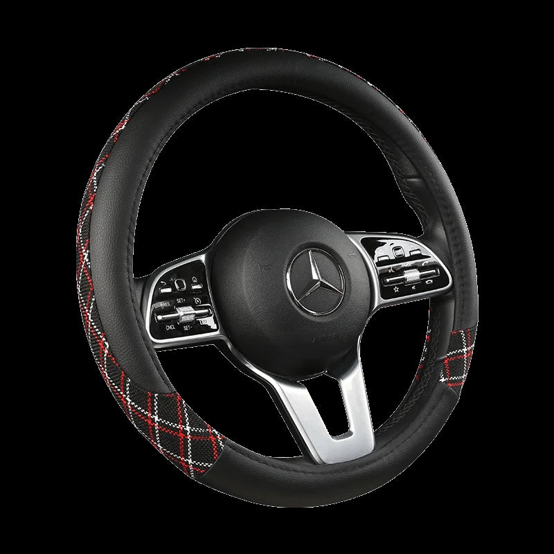 Anti-Slip Leather Steering Wheel Cover 38cm – Universal O/D Type Fashion Handle Protector (Red) - Delicate Leather  