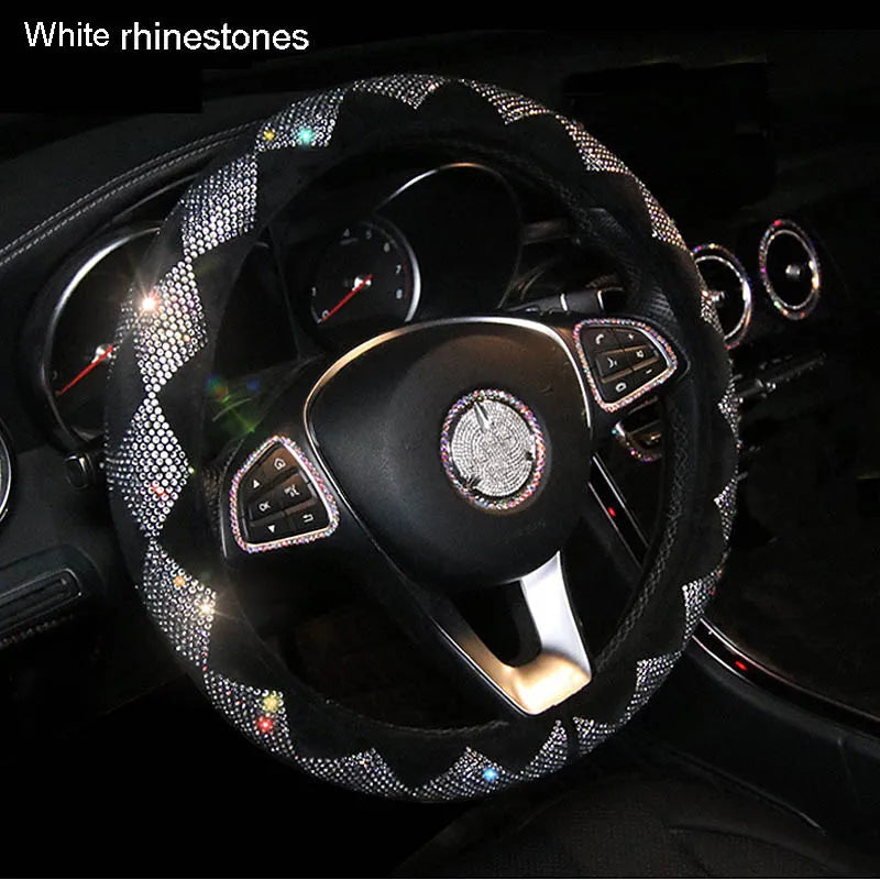 Crystal Rhinestone Steering Wheel Cover – Decorative Anti-Slip Car Interior Accessory - Delicate Leather  