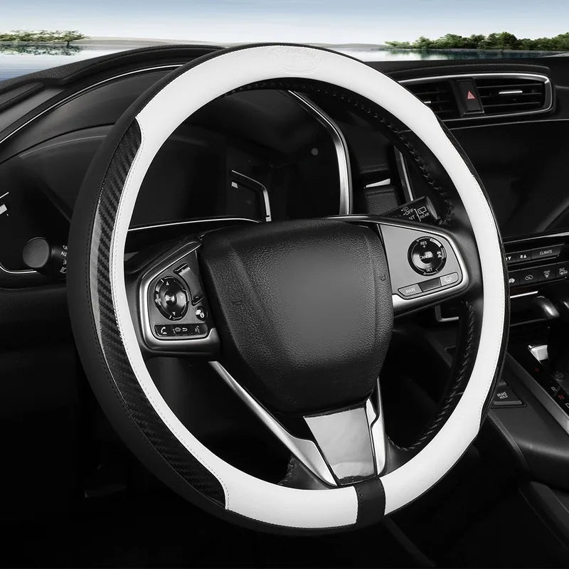 Carbon Fiber Leather Car Steering Wheel Cover – 38CM Universal Fit, Non-Slip Nappa Leather Grip, Breathable & Durable Interior Accessory - Delicate Leather  