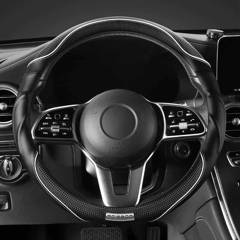 Premium 3D Sport Car Steering Wheel Cover, Anti-Slip, Shock-Absorbing, Ergonomic Grip, Dynamic Contour, Fits 14.5–15" - Delicate Leather  