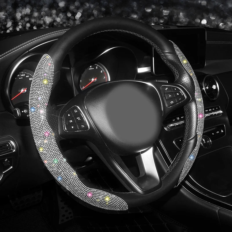 Bling Bling Diamond Steering Wheel Cover Universal Leather Sparkly Wheel Protector Anti-Slip Cover Car Accessories for Women - Delicate Leather  